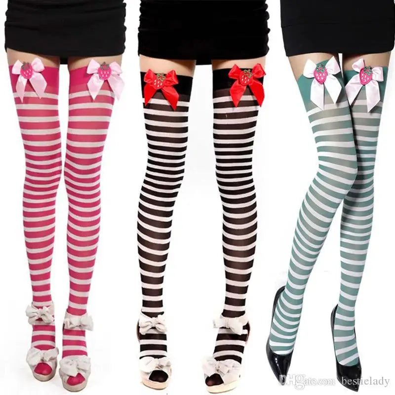 Strawberry Striped Over - the - Knee Stockings in Multiple Colors - Cosparty
