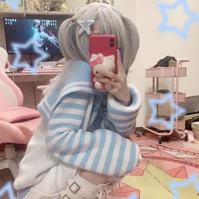 Striped eGirl Knit Hoodie for Anime and Kawaii Fashion Lovers - Cosparty