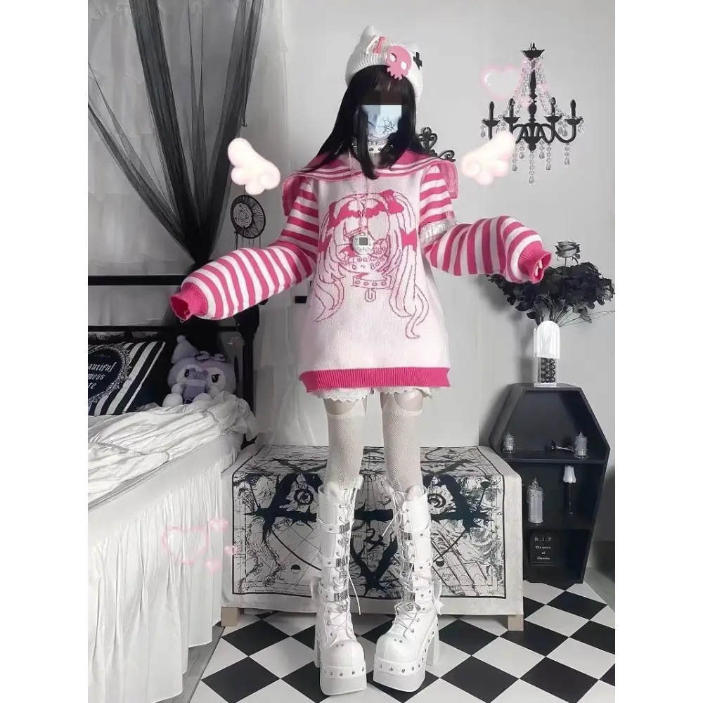 Striped eGirl Knit Hoodie for Anime and Kawaii Fashion Lovers - sweater