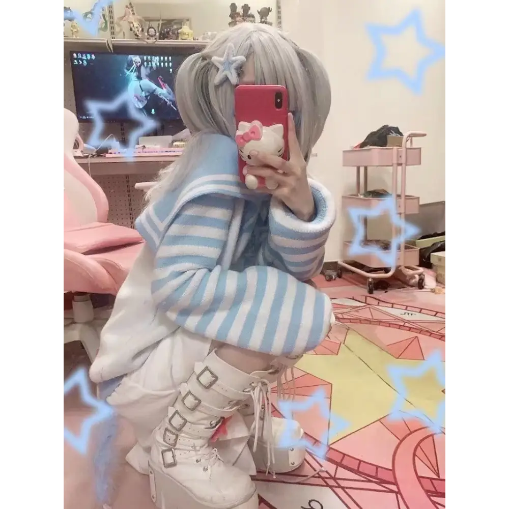 Striped eGirl Knit Hoodie for Anime and Kawaii Fashion Lovers - sweater