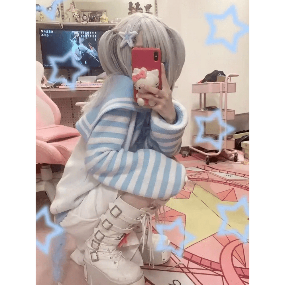 Striped eGirl Knit Hoodie for Anime and Kawaii Fashion Lovers - Cosparty