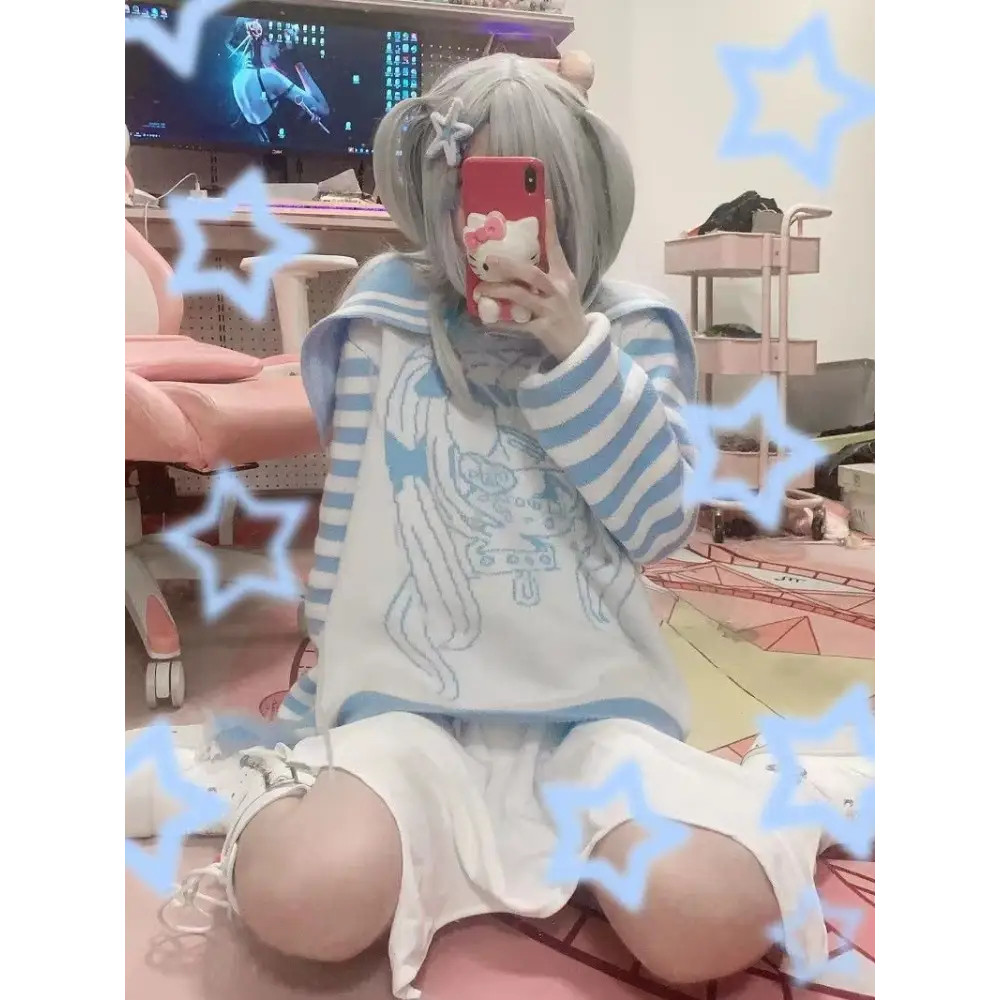 Striped eGirl Knit Hoodie for Anime and Kawaii Fashion Lovers - sweater