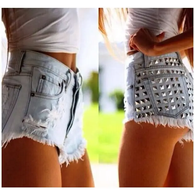 studded high waisted jean shorts denim distressed rivets edgy punk rock light blue by Cosparty