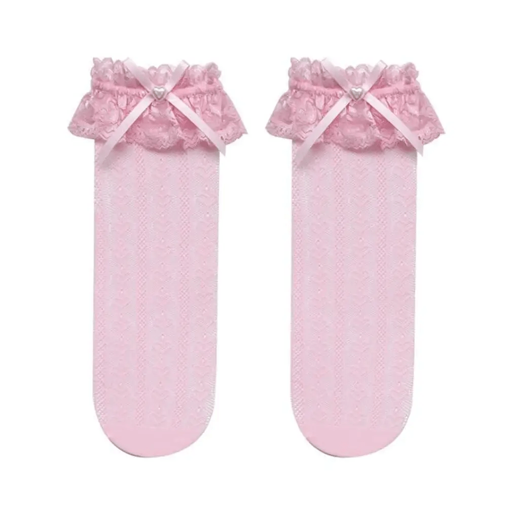 Stunning Lace Knee - High Stockings with Ruffles and Pearl Ribbon - Cosparty