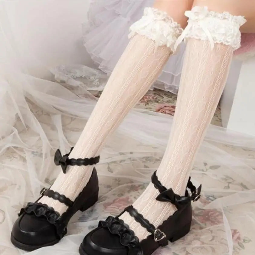 Stunning Lace Knee-High Stockings with Ruffles and Pearl Ribbon - White - stockings