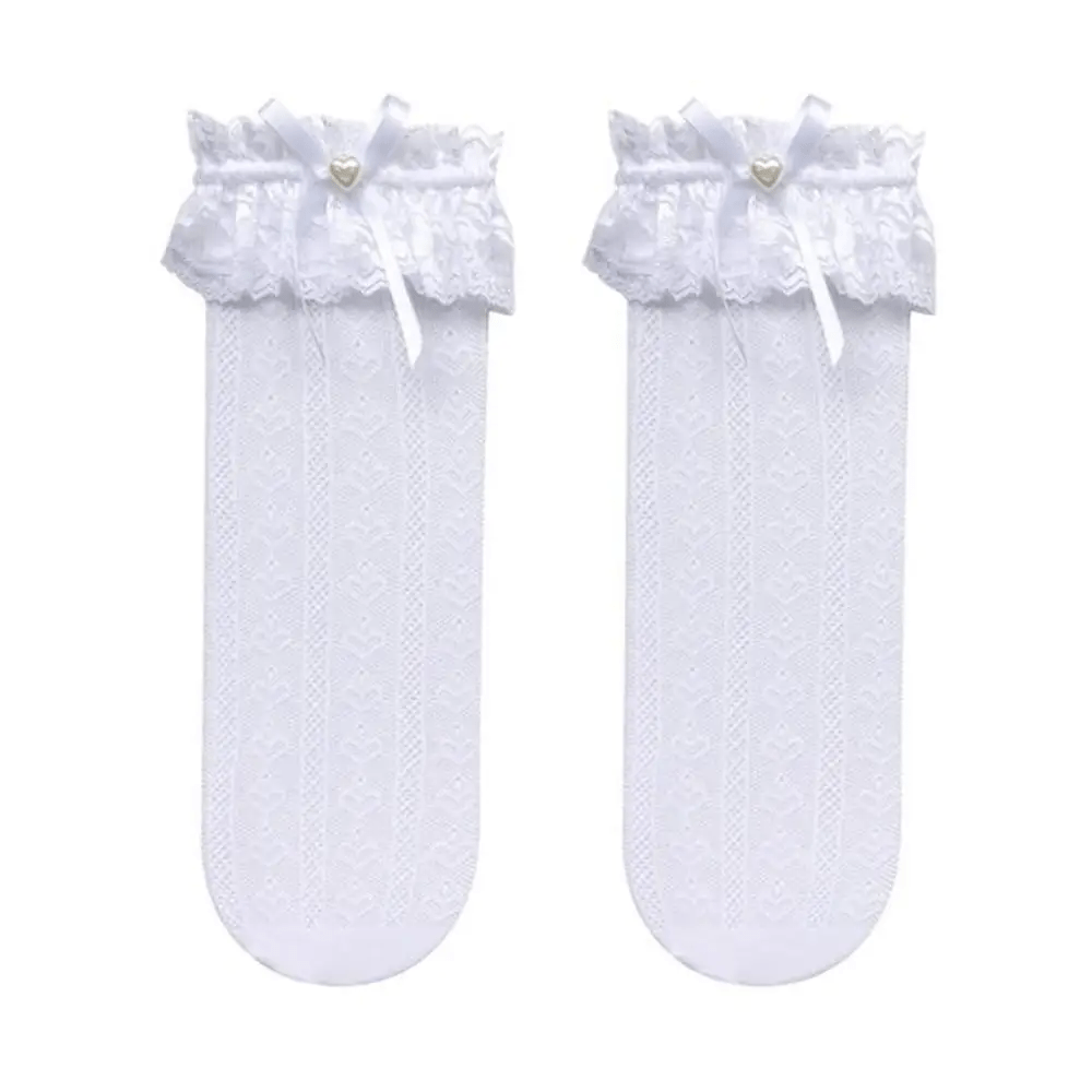 Stunning Lace Knee - High Stockings with Ruffles and Pearl Ribbon - Cosparty