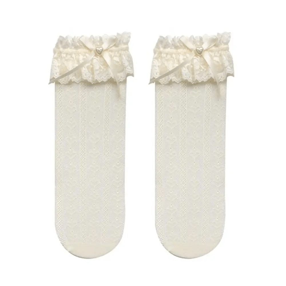 Stunning Lace Knee - High Stockings with Ruffles and Pearl Ribbon - Cosparty