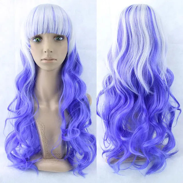 Stunning Long Cosplay Wig with Soft Fringe in Stylish Colors - Curly Blue White - Wig