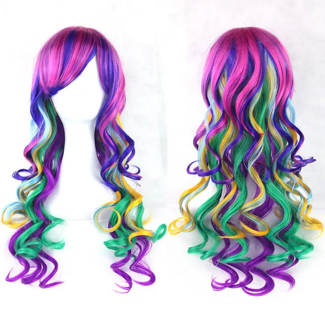 Stunning Long Cosplay Wig with Soft Fringe in Stylish Colors - Curly Multi Color - Wig