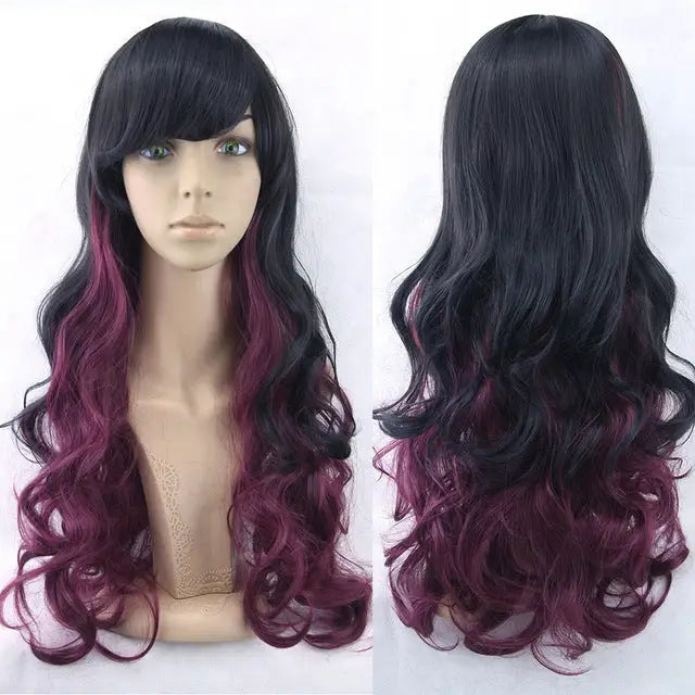 Stunning Long Cosplay Wig with Soft Fringe in Stylish Colors - Curly Black Red - Wig