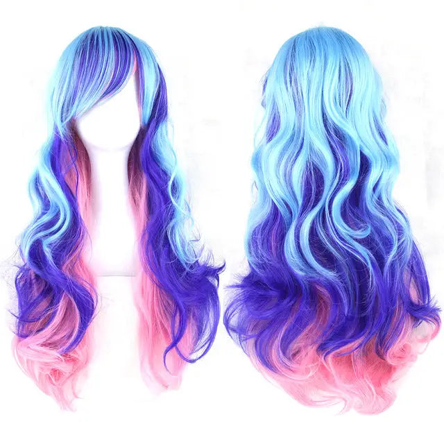 Stunning Long Cosplay Wig with Soft Fringe in Stylish Colors - Curly Blue Purple Pink - Wig