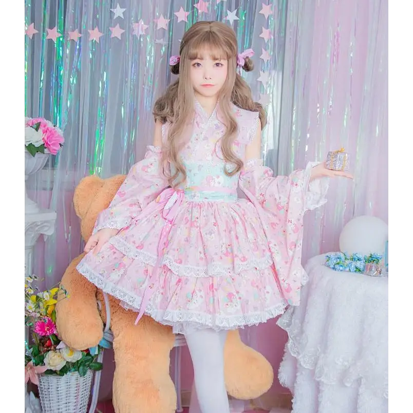 sanrio little twin stars kimono dress japanese kawaii fashion pleated ruffled skirt traditional fairy kei by Cosparty