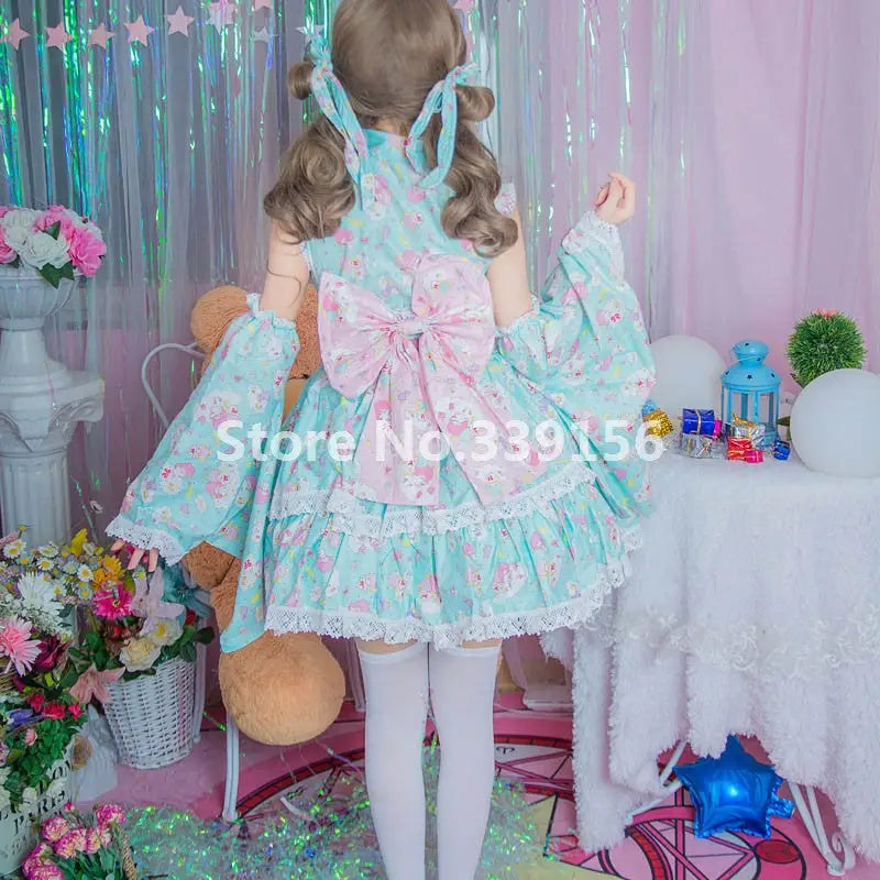 Stunning Pink or Blue Ruffled Kimono Dress in Lolita Style - Dress