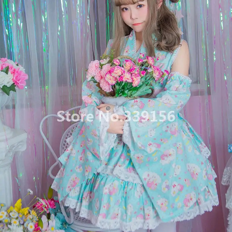 Stunning Pink or Blue Ruffled Kimono Dress in Lolita Style - Dress