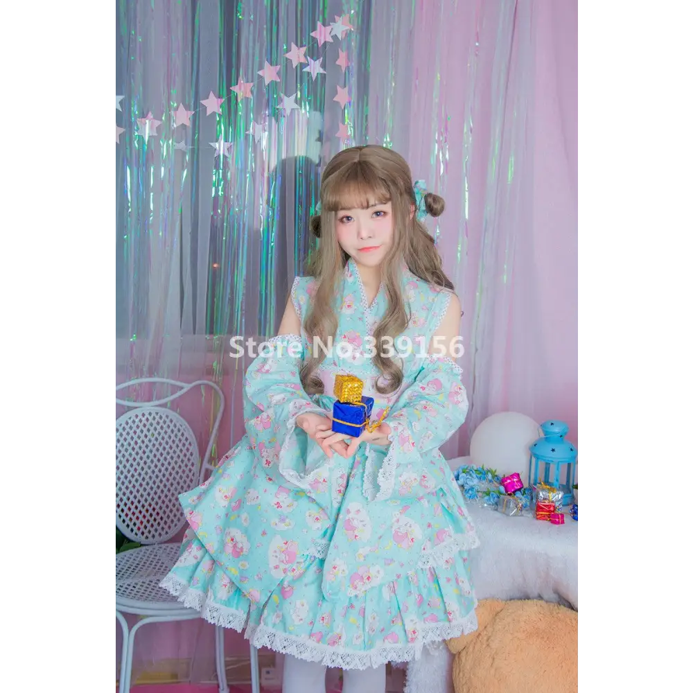 Stunning Pink or Blue Ruffled Kimono Dress in Lolita Style - Dress