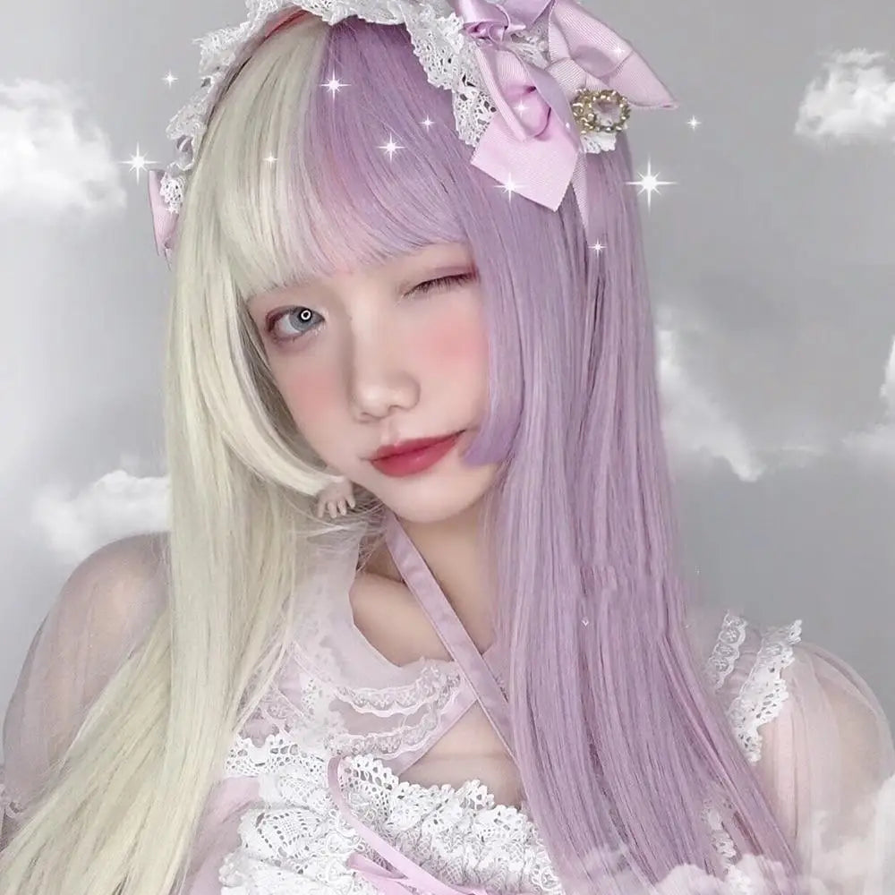 Stunning Split Lavender Purple and White Blond Lolita Wig - wigs