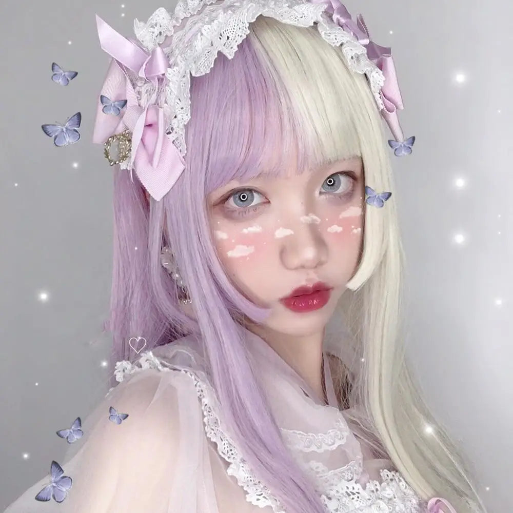 Stunning Split Lavender Purple and White Blond Lolita Wig - wigs