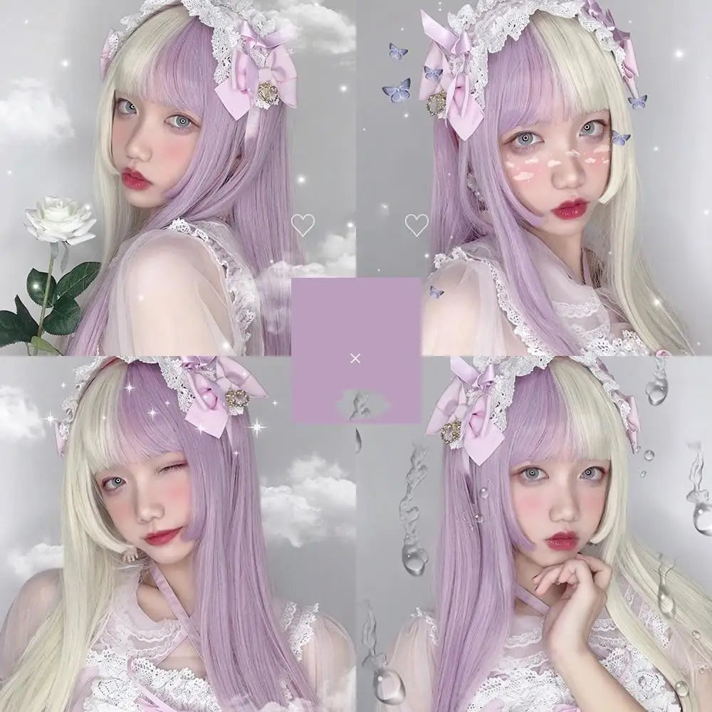 Stunning Split Lavender Purple and White Blond Lolita Wig - wigs