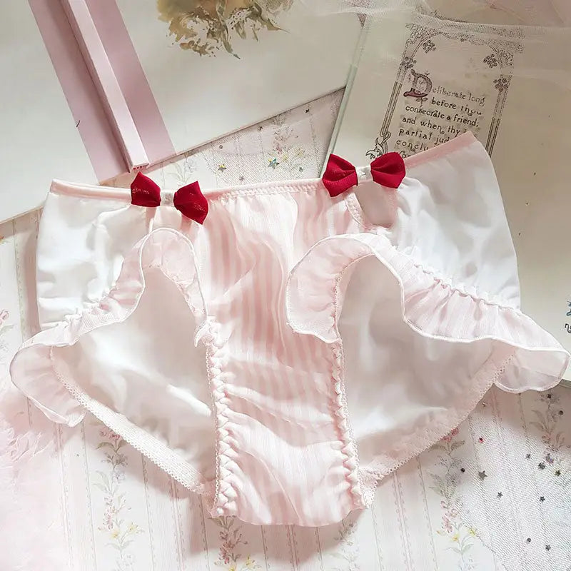 Stylish Pink Satin Panties in Beautiful Patterns - Two Red Bows - underwear