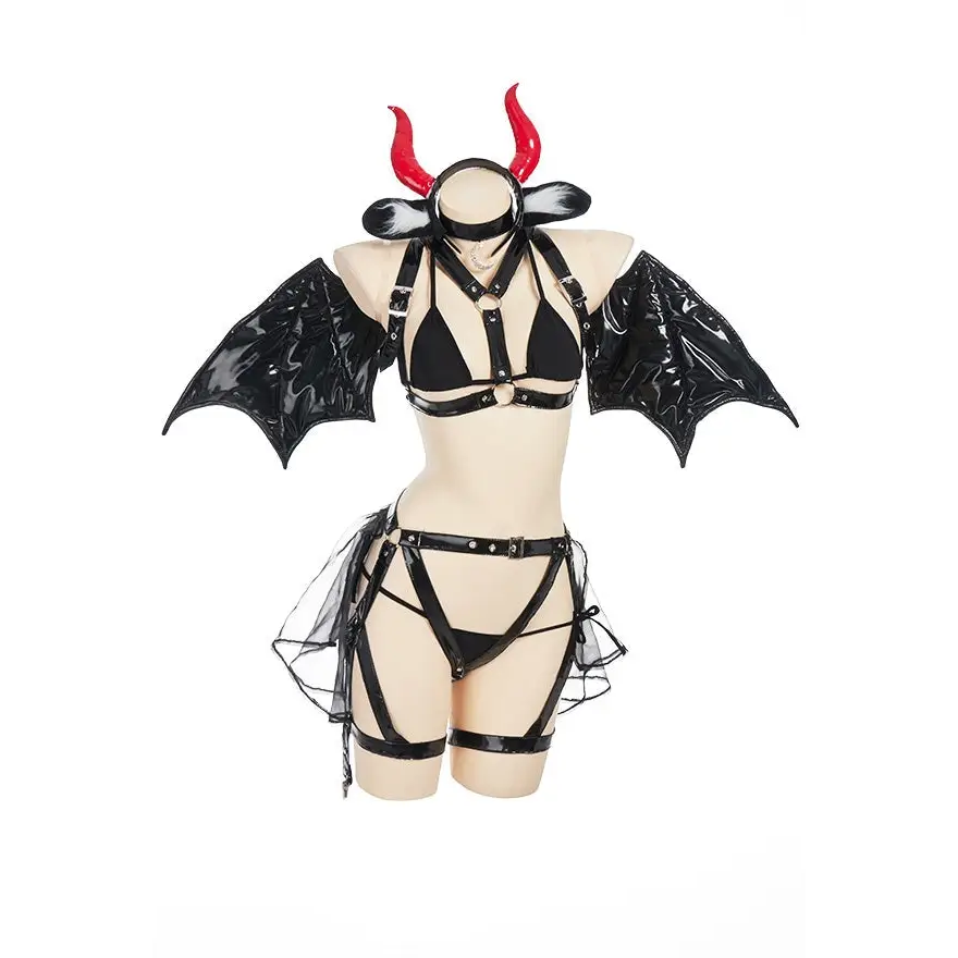 Succubus Devil Latex Cosplay Set - S - black latex, lingerie, panties, underwear