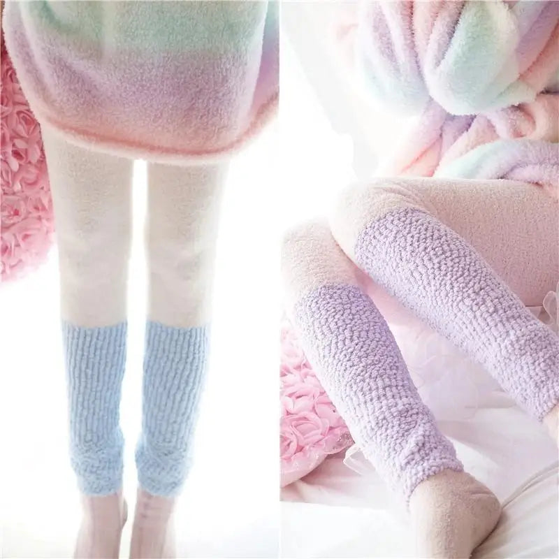 Fuzzy Pastel Long John Leggings - Blue/White - leggings