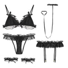 Sweet Chiffon Ruffled Lingerie Set with Thigh Garters and Collar - lingerie