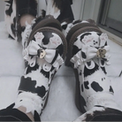 Sweet Cow Print Maryjane Shoes with Embellished Bow and Paw Prints - shoes