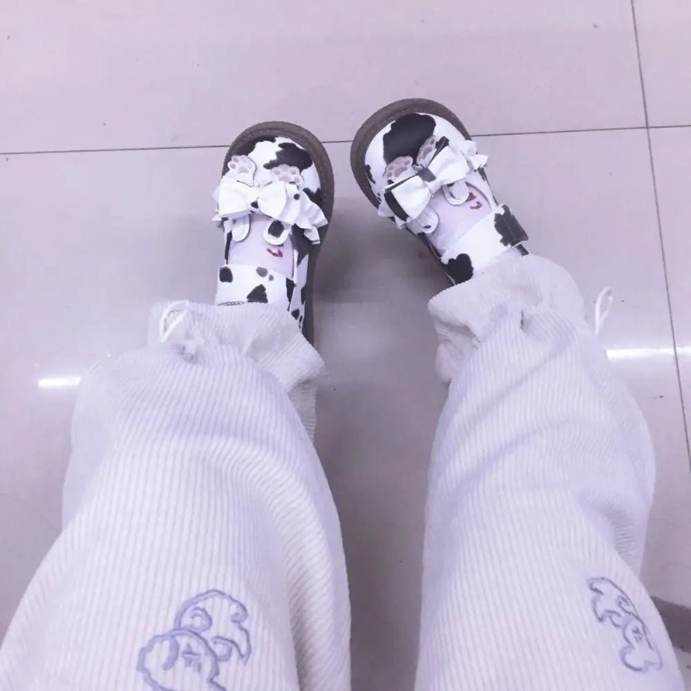 Sweet Cow Print Maryjane Shoes with Embellished Bow and Paw Prints - Cosparty