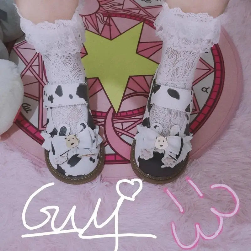 Sweet Cow Print Maryjane Shoes with Embellished Bow and Paw Prints - shoes