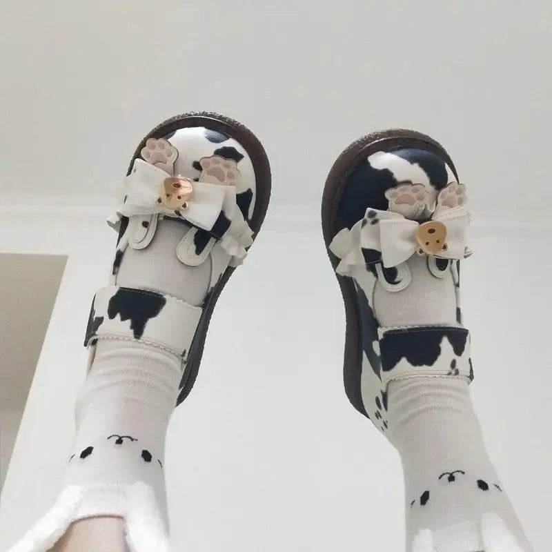 Sweet Cow Print Maryjane Shoes with Embellished Bow and Paw Prints - shoes