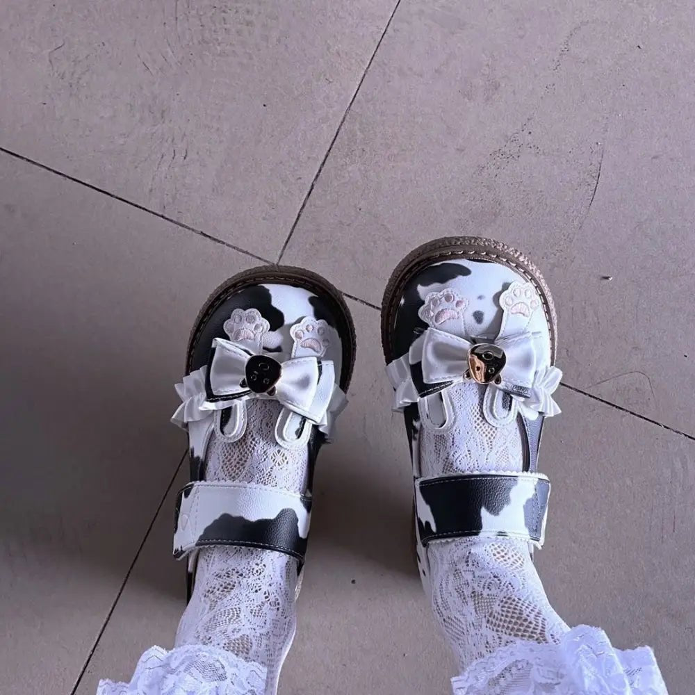 Sweet Cow Print Maryjane Shoes with Embellished Bow and Paw Prints - Cosparty
