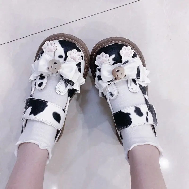 Sweet Cow Print Maryjane Shoes with Embellished Bow and Paw Prints - shoes