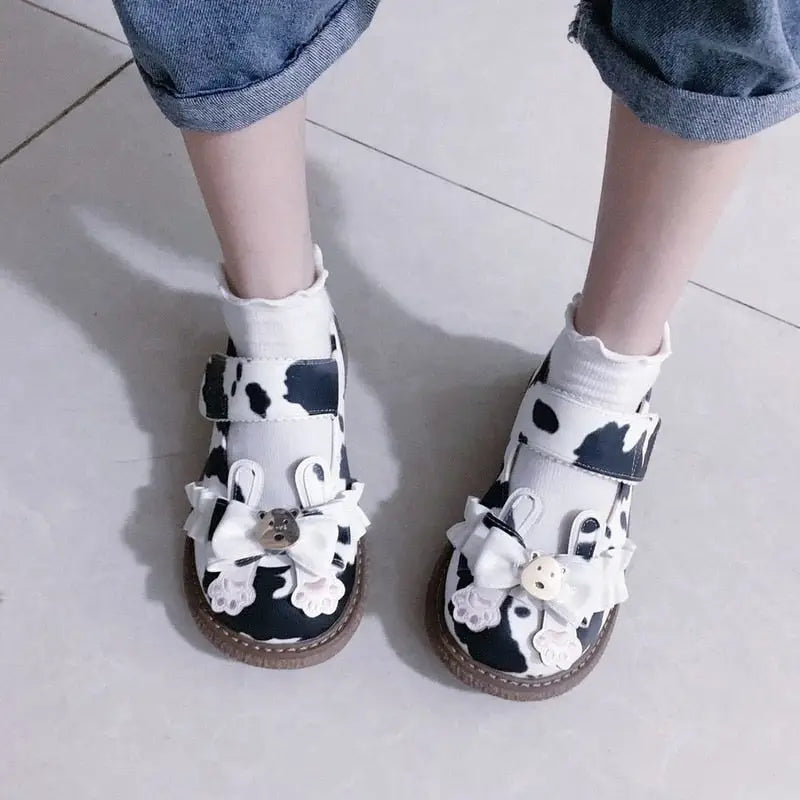 Sweet Cow Print Maryjane Shoes with Embellished Bow and Paw Prints - shoes