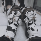Sweet Cow Print Maryjane Shoes with Embellished Bow and Paw Prints - Cosparty