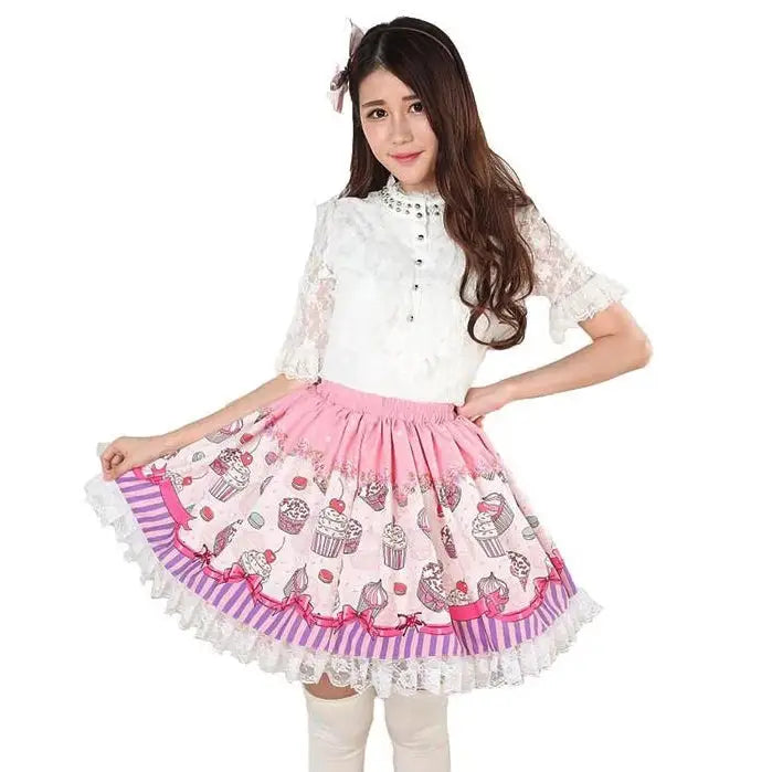 Sweet Cupcake Lolita Skirt with Ruffle and Lace Details - Skirts