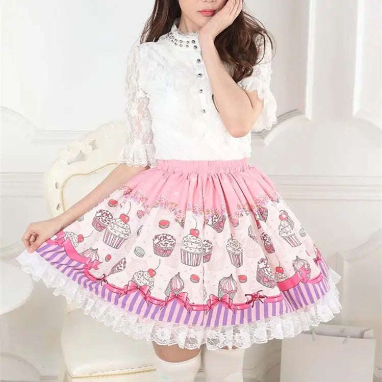 Sweet Cupcake Lolita Skirt with Ruffle and Lace Details - XS - Skirts