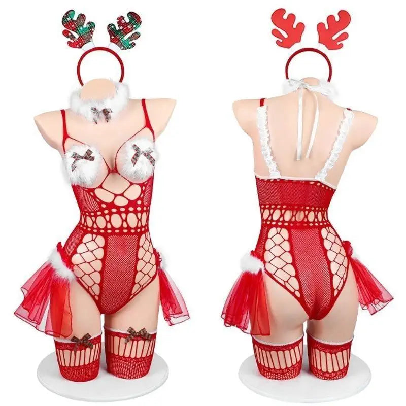 Sweet Fur Trimmed Reindeer Tutu Lingerie Set for Christmas - lingerie