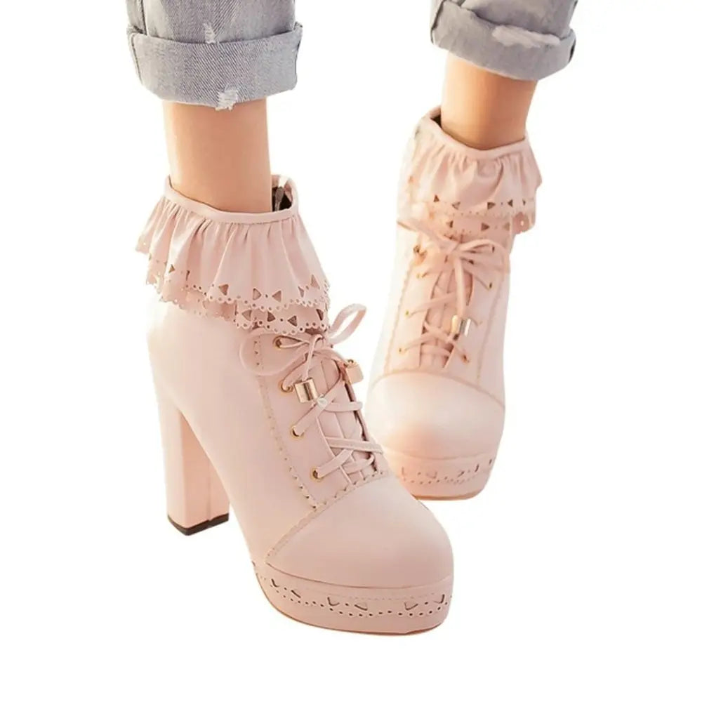 Sweet Lolita Booties with Ruffled Trim and Comfortable Design - boots