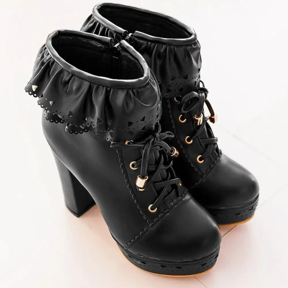 Sweet Lolita Booties with Ruffled Trim and Comfortable Design - boots