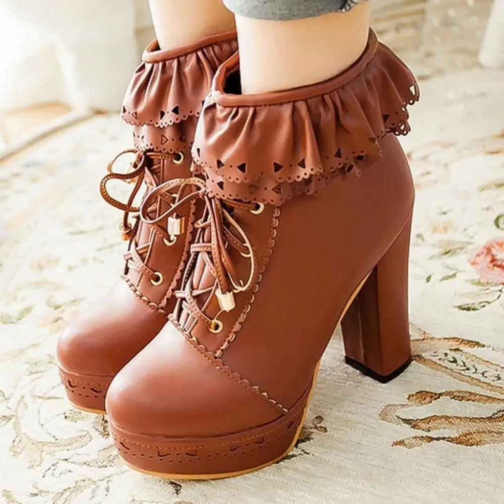 Sweet Lolita Booties with Ruffled Trim and Comfortable Design - boots