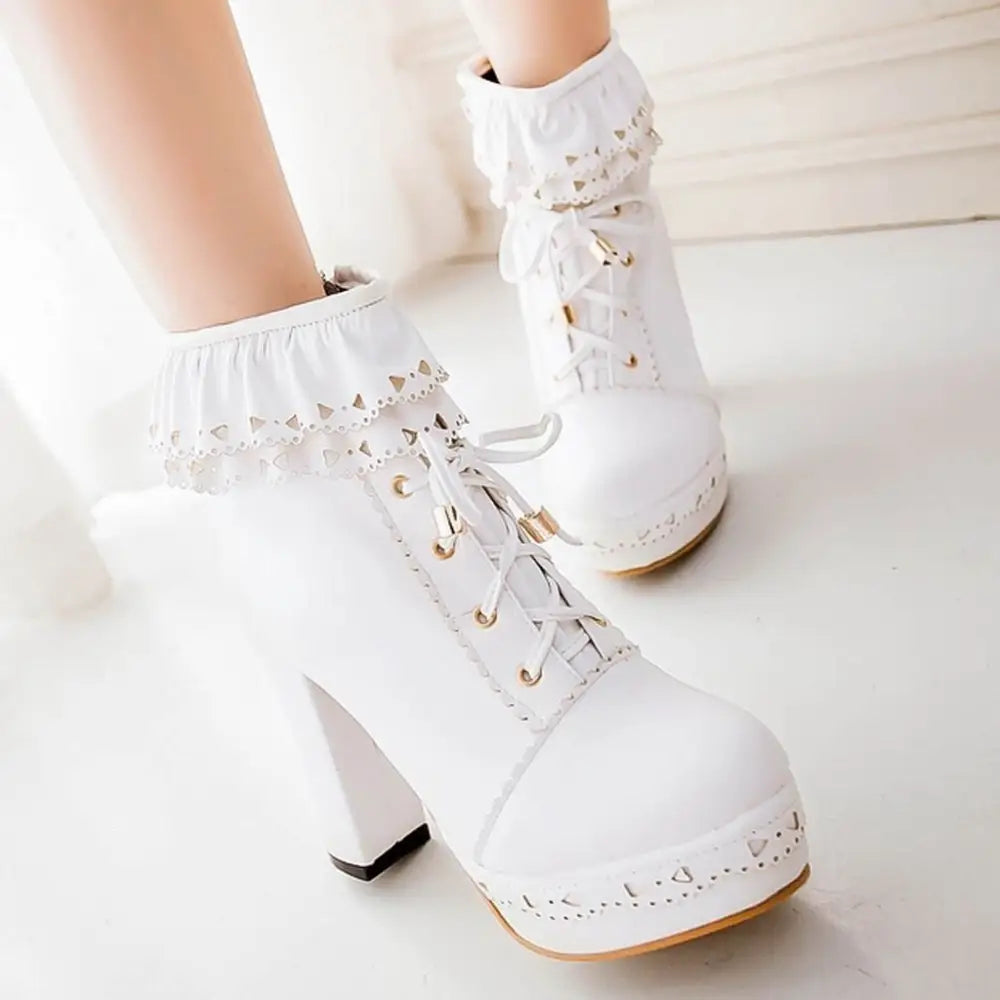 Sweet Lolita Booties with Ruffled Trim and Comfortable Design - boots