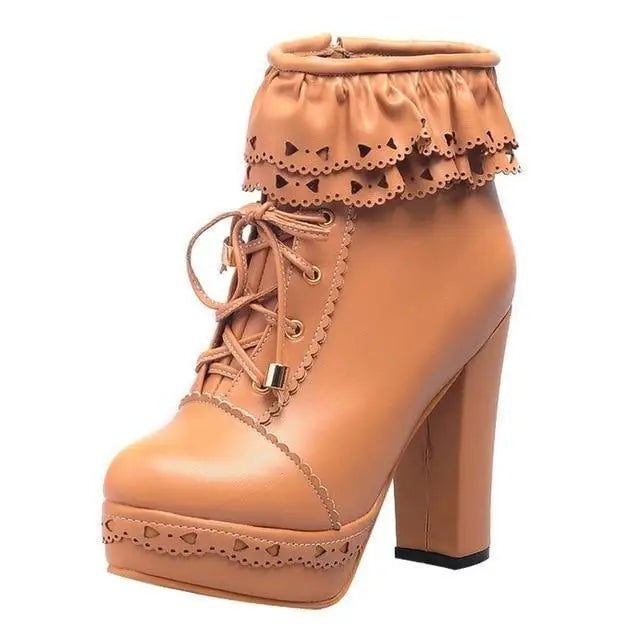 Ruffled Lace Lolita Booties - Khaki / 5.5 - boots