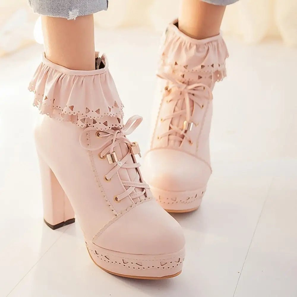 Sweet Lolita Booties with Ruffled Trim and Comfortable Design - Cosparty