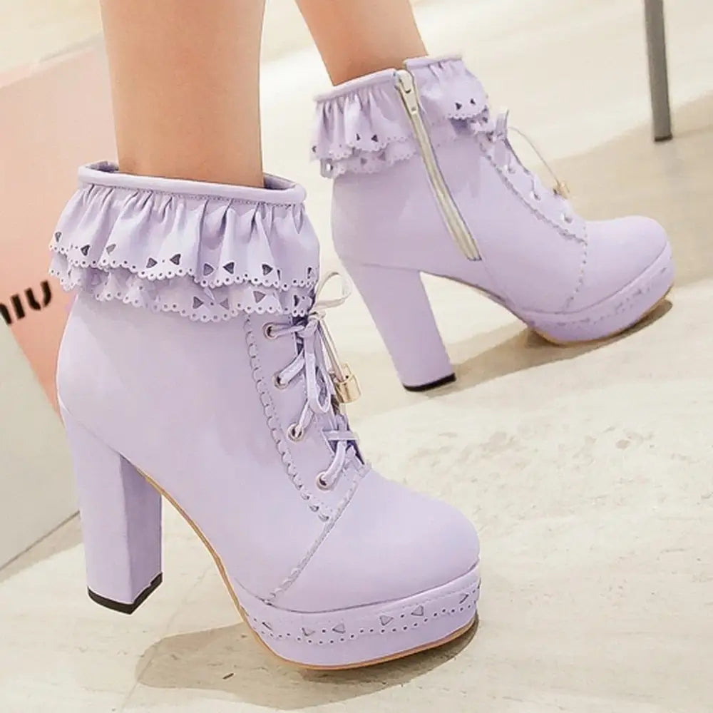 Sweet Lolita Booties with Ruffled Trim and Comfortable Design - boots