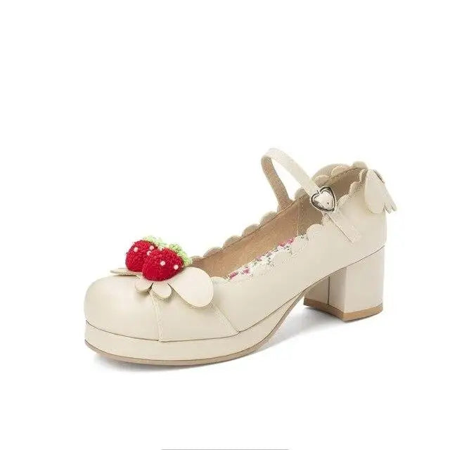 Sweet Lolita Fashion Shoes with Scalloped Trim and Heart Buckles - Beige / 4 - shoes