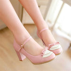 Sweet Lolita Heels with Lace Trim and Bow Details - Cosparty