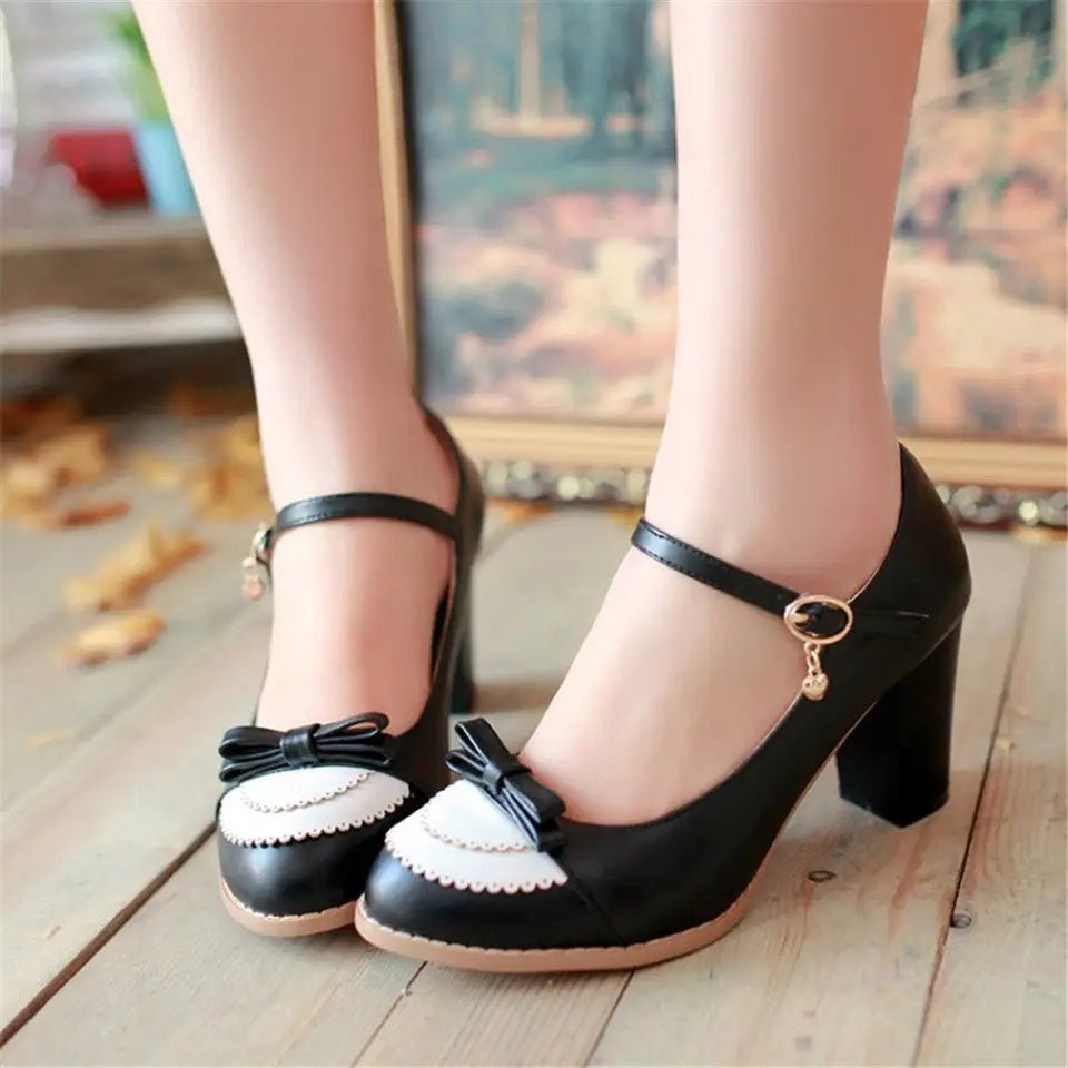 Sweet Lolita Heels with Lace Trim and Bow Details - Cosparty