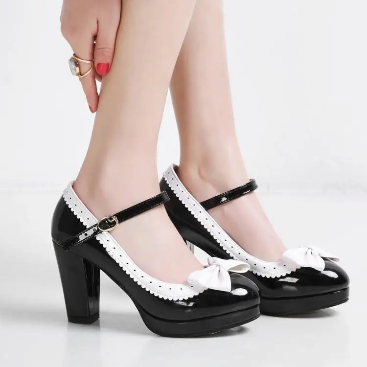 Sweet Lolita Heels with Lace Trim and Bow in Toe Version - shoes