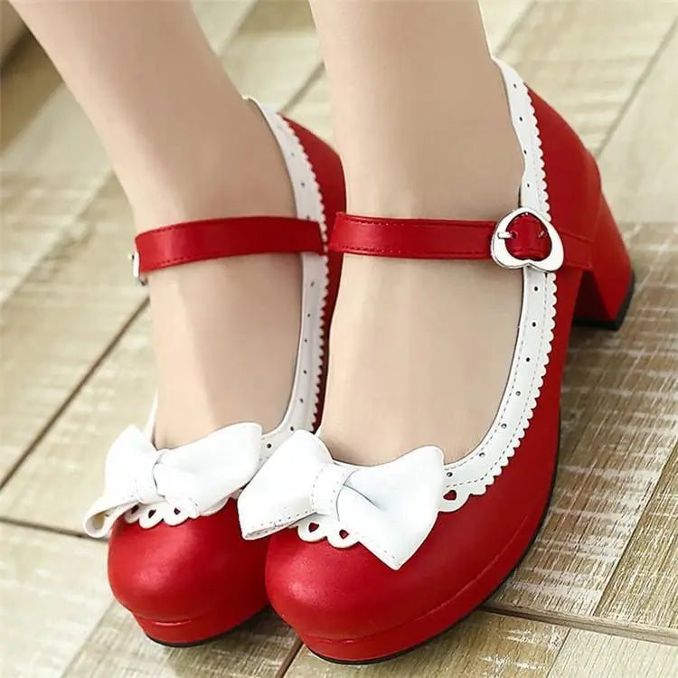 Sweet Lolita Heels with Lace Trim and Bow in Toe Version - shoes