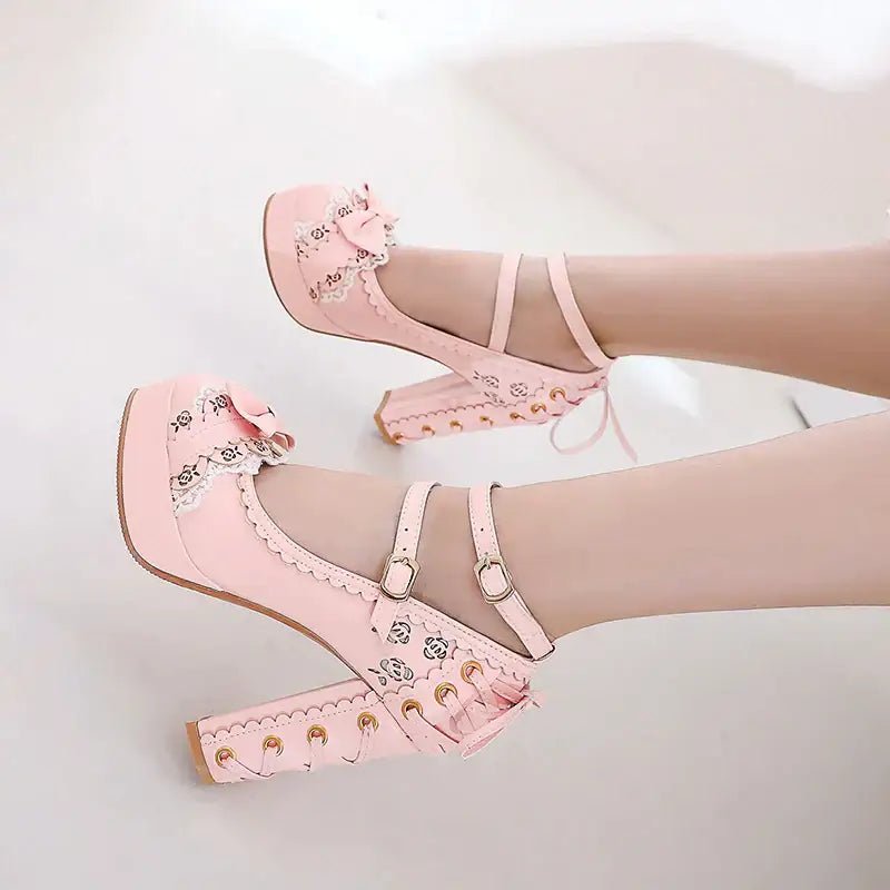 Sweet Lolita Heels with Lace Trim and Floral Insoles - Cosparty